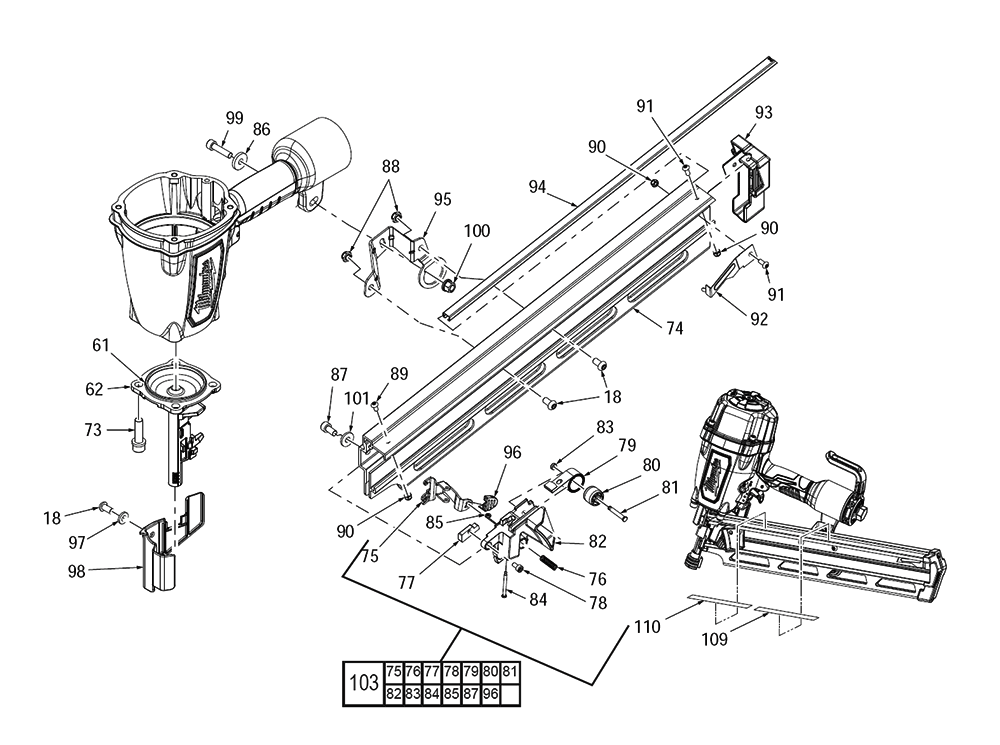 Fig-1 Diagram and Parts List for G98A Milwaukee Nailer