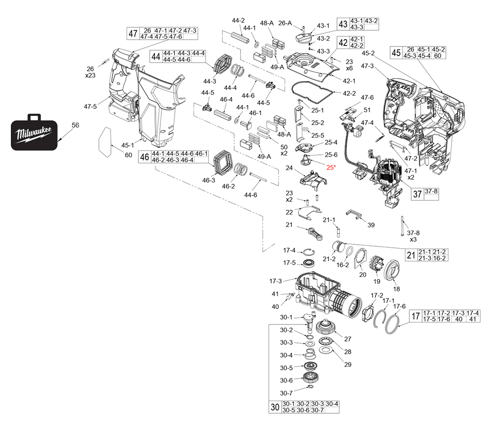 Fig-1 Diagram and Parts List for L87A Milwaukee Hammer Drill
