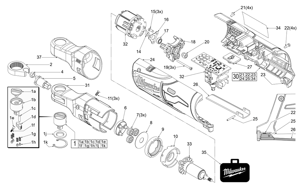 Fig-0 Diagram and Parts List for J18B Milwaukee Cordless Drill