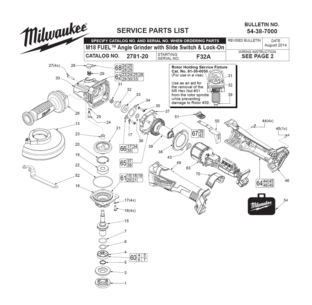Fig-0 Diagram and Parts List for F32A Milwaukee Angle Grinder