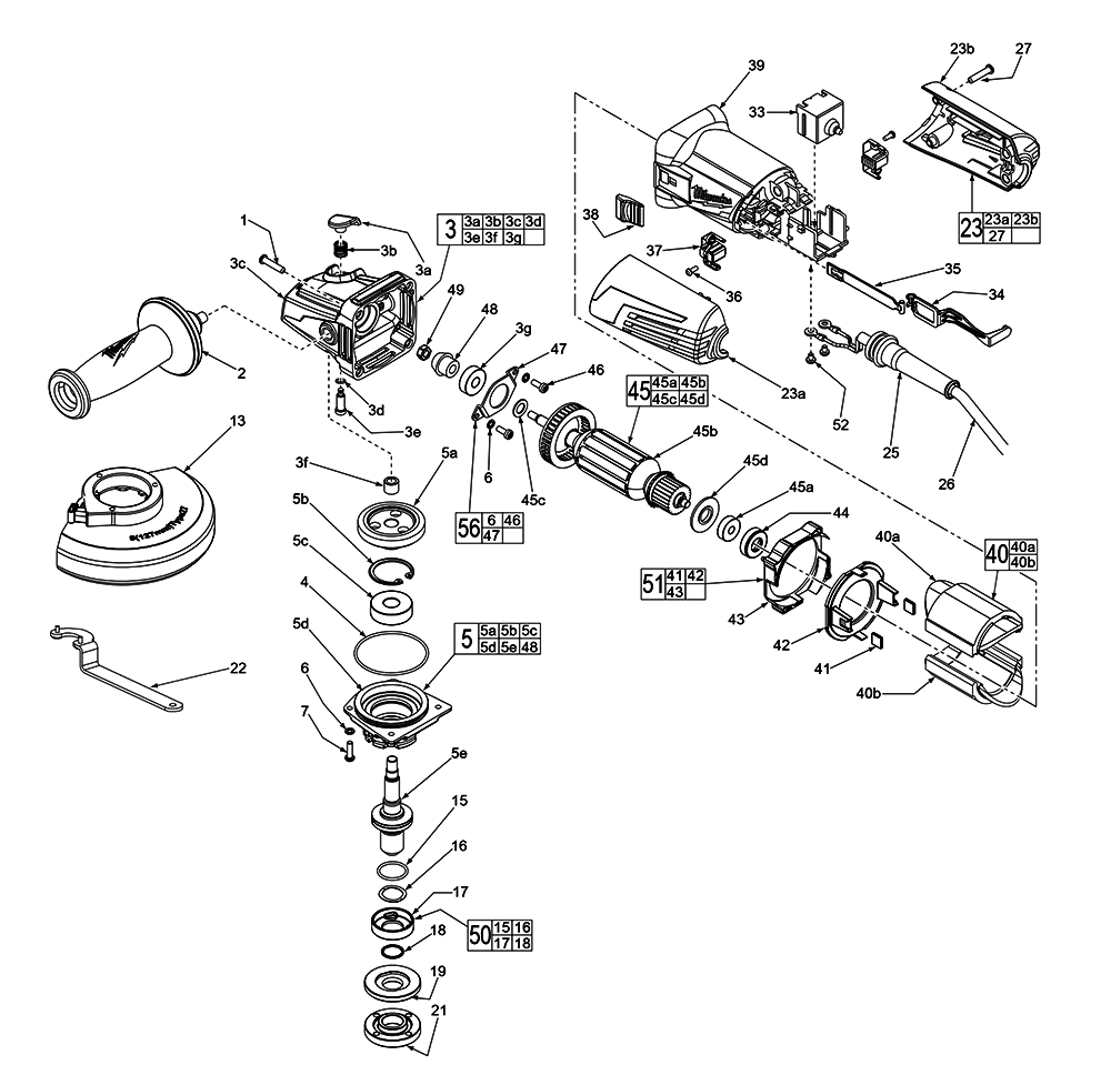 Fig-0 Diagram and Parts List for E38A Milwaukee Angle Grinder