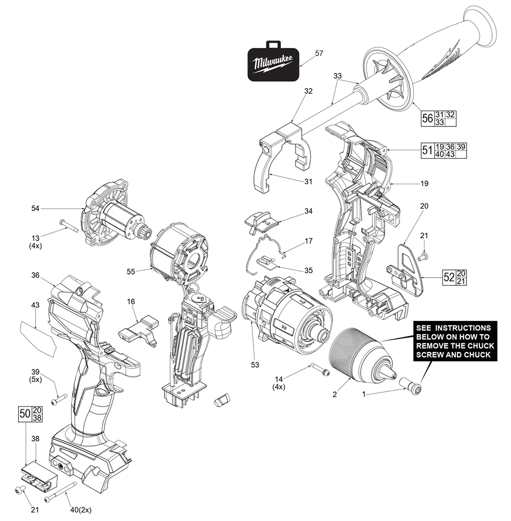 Fig-0 Diagram and Parts List for J76A Milwaukee Cordless Drill