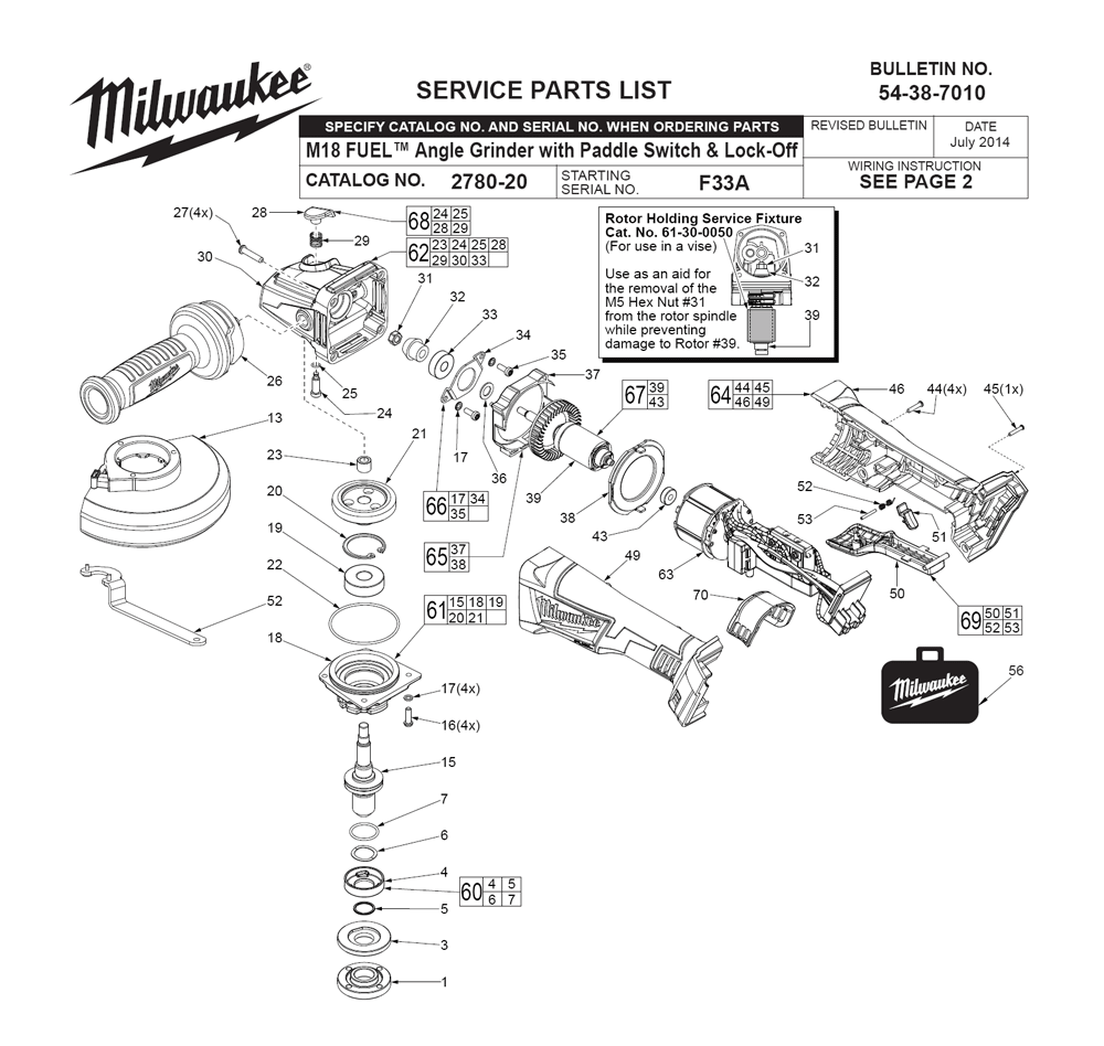 Fig-0 Diagram and Parts List for F33A Milwaukee Angle Grinder