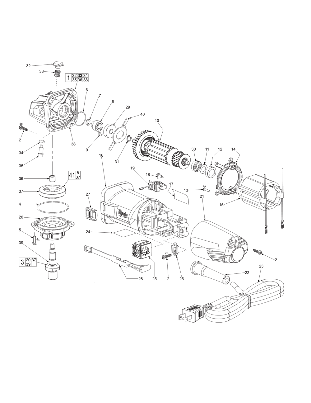 Fig-0 Diagram and Parts List for C27B Milwaukee Angle Grinder