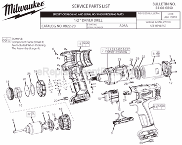 Page A Diagram and Parts List for SER A98A Milwaukee Electric Drill