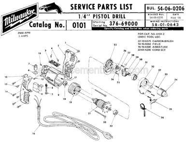 Part Location Diagram of 22-64-0665 Milwaukee Cord Set (6-foot)