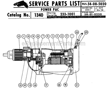 Page A Diagram and Parts List for SER 233-1001 Milwaukee Cordless Drill