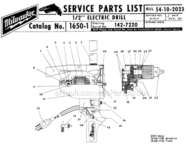Page A Diagram and Parts List for SER 142-7220 Milwaukee Electric Drill