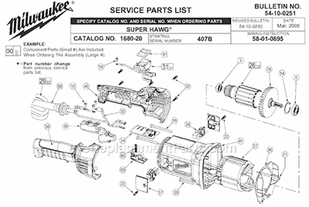 Page A Diagram and Parts List for SER 407B Milwaukee Electric Drill