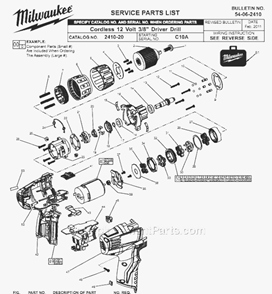 Page A Diagram and Parts List for C10A Milwaukee Cordless Drill