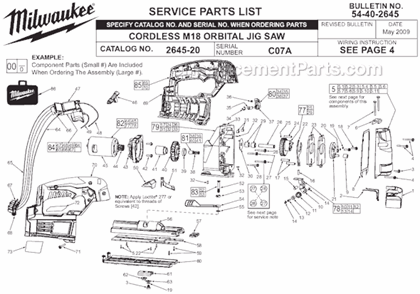 Page A Diagram and Parts List for SER C07A Milwaukee Jig Saw