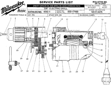Page A Diagram and Parts List for SER 502-17480 Milwaukee Drill Press