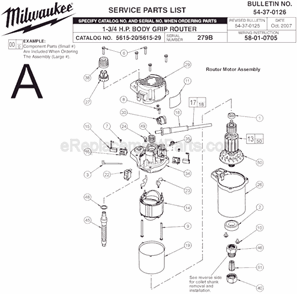 Page A Diagram and Parts List for SER 279B Milwaukee Router