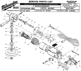Page A Diagram and Parts List for SER 652-6001 Milwaukee Sander Grinder