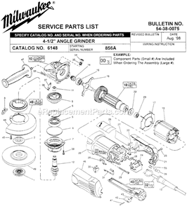 Page A Diagram and Parts List for SER 856A Milwaukee Angle Grinder