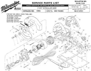 Page A Diagram and Parts List for SER 546-154000 Milwaukee Circular Saw
