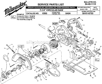 Page A Diagram and Parts List for SER 546A Milwaukee Circular Saw