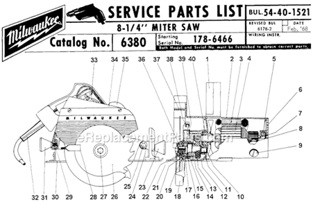 Page A Diagram and Parts List for SER 178-6466 Milwaukee Miter Saw
