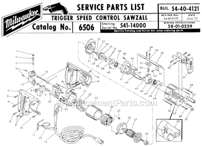 Page A Diagram and Parts List for SER 541-14000 Milwaukee Reciprocating Saw