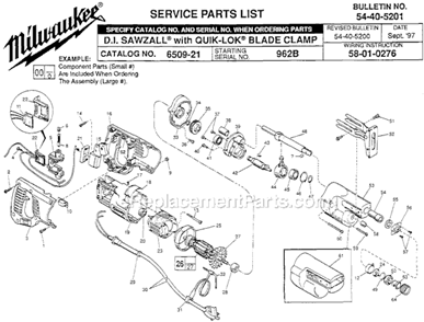 Page A Diagram and Parts List for SER 962B Milwaukee Reciprocating Saw
