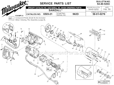 Page A Diagram and Parts List for SER 962D Milwaukee Reciprocating Saw