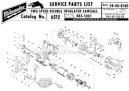 Page A Diagram and Parts List for 6512 SER 483-1001 Milwaukee Reciprocating Saw