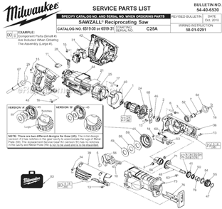Page A Diagram and Parts List for C25A Milwaukee Reciprocating Saw
