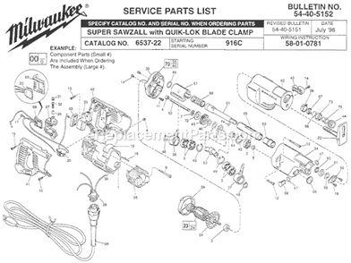 Page A Diagram and Parts List for 6537-22 SER 916C Milwaukee Reciprocating Saw