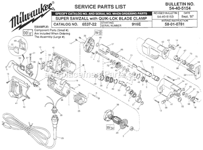 Page A Diagram and Parts List for 6537-22 SER 916E Milwaukee Reciprocating Saw