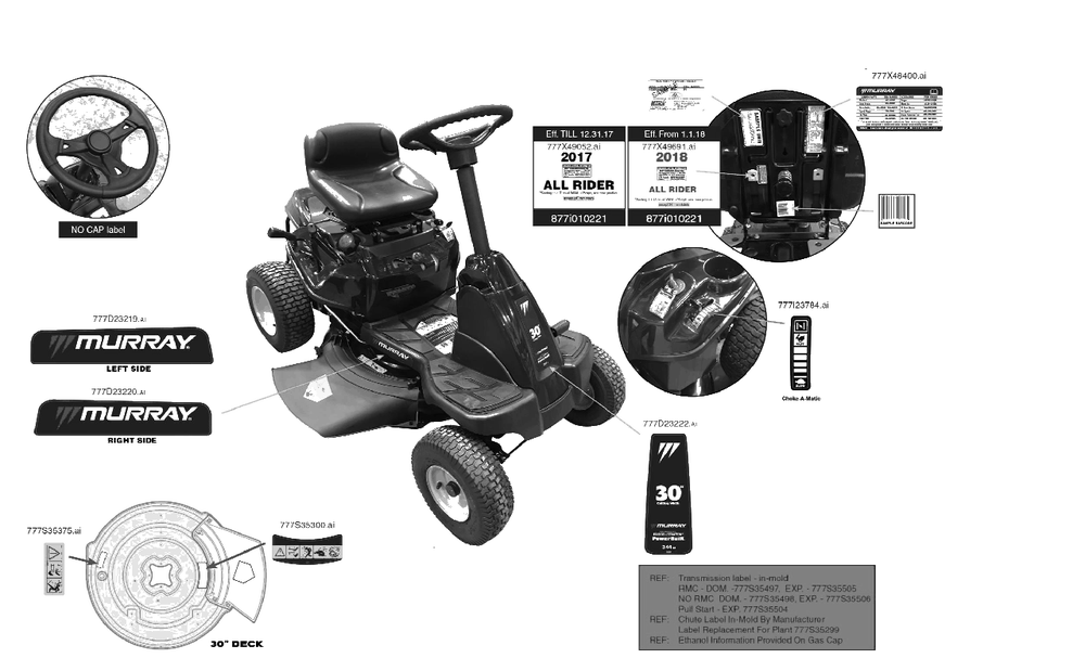 Label Map Diagram and Parts List for 2018 Murray Lawn Tractor