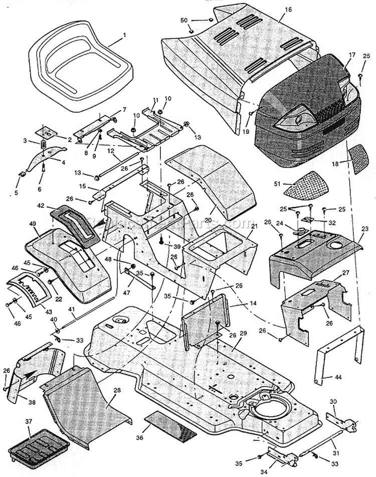 Chassis And Hood Diagram and Parts List for  Murray Lawn Tractor