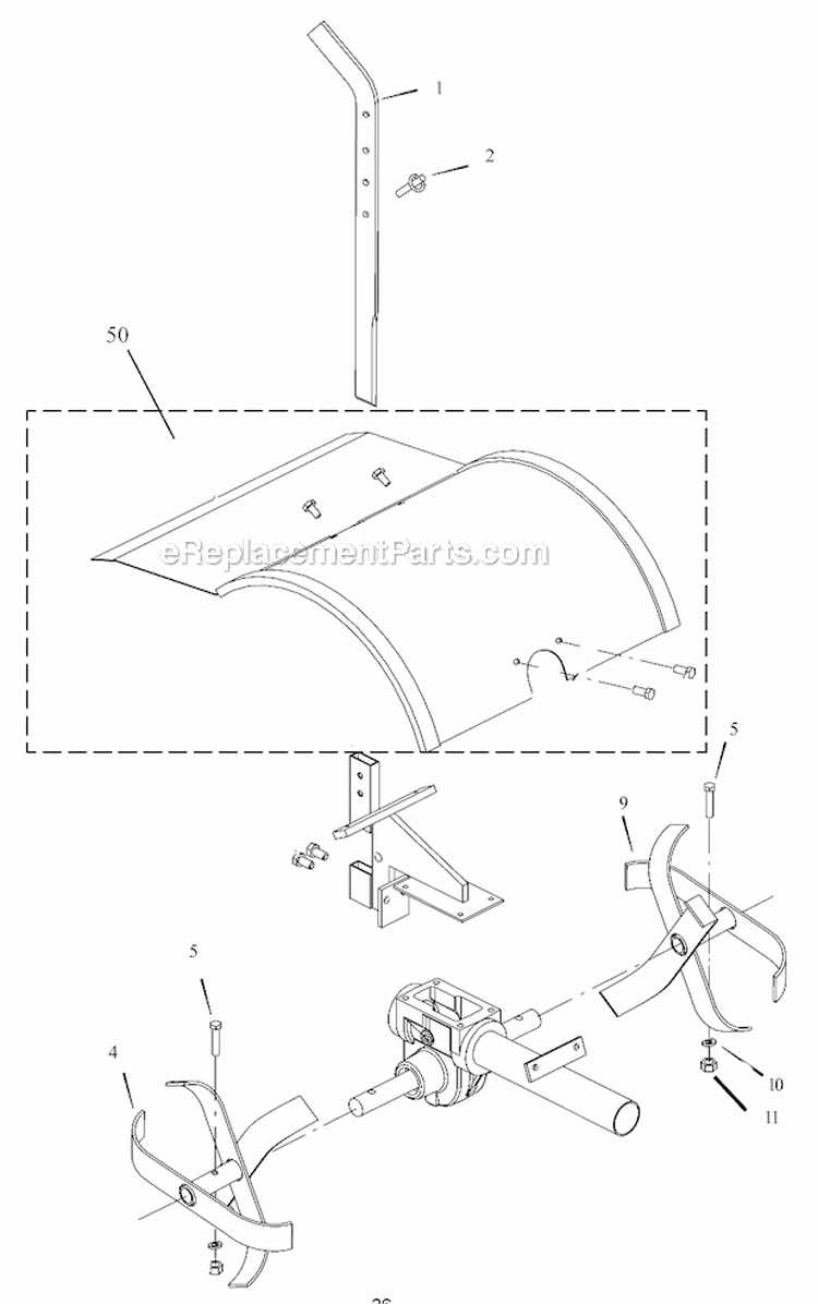 Tines And Hood Assembly Diagram and Parts List for  Murray Tiller