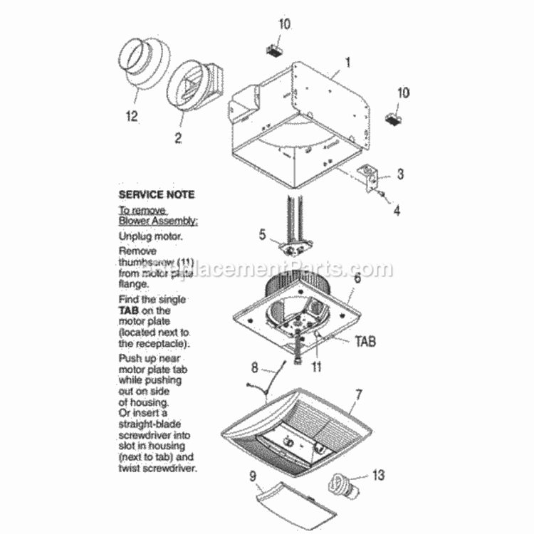 Page A Diagram and Parts List for  Nutone Bath & Ventilation Fan