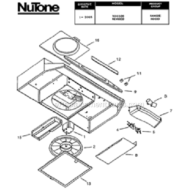 Page A Diagram and Parts List for  Nutone Range Hood