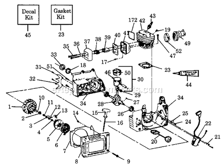 Internal Power Unit Diagram and Parts List for  Poulan Chainsaw