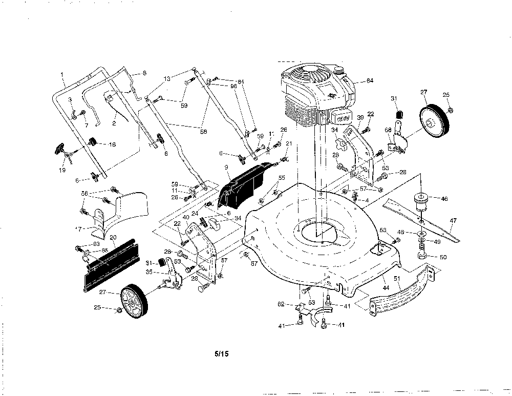 Engine/housing/handle Diagram and Parts List for  Poulan Lawn Mower