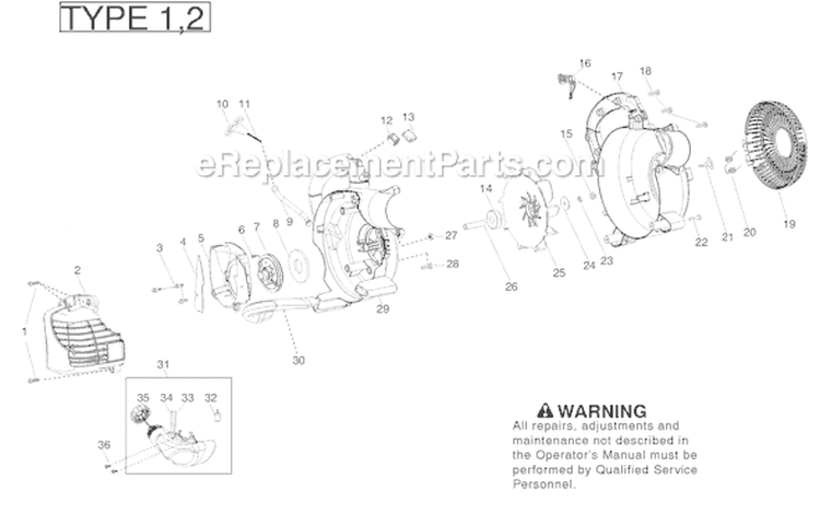 Housing Diagram and Parts List for Type 2 Poulan Leaf Blower / Vacuum