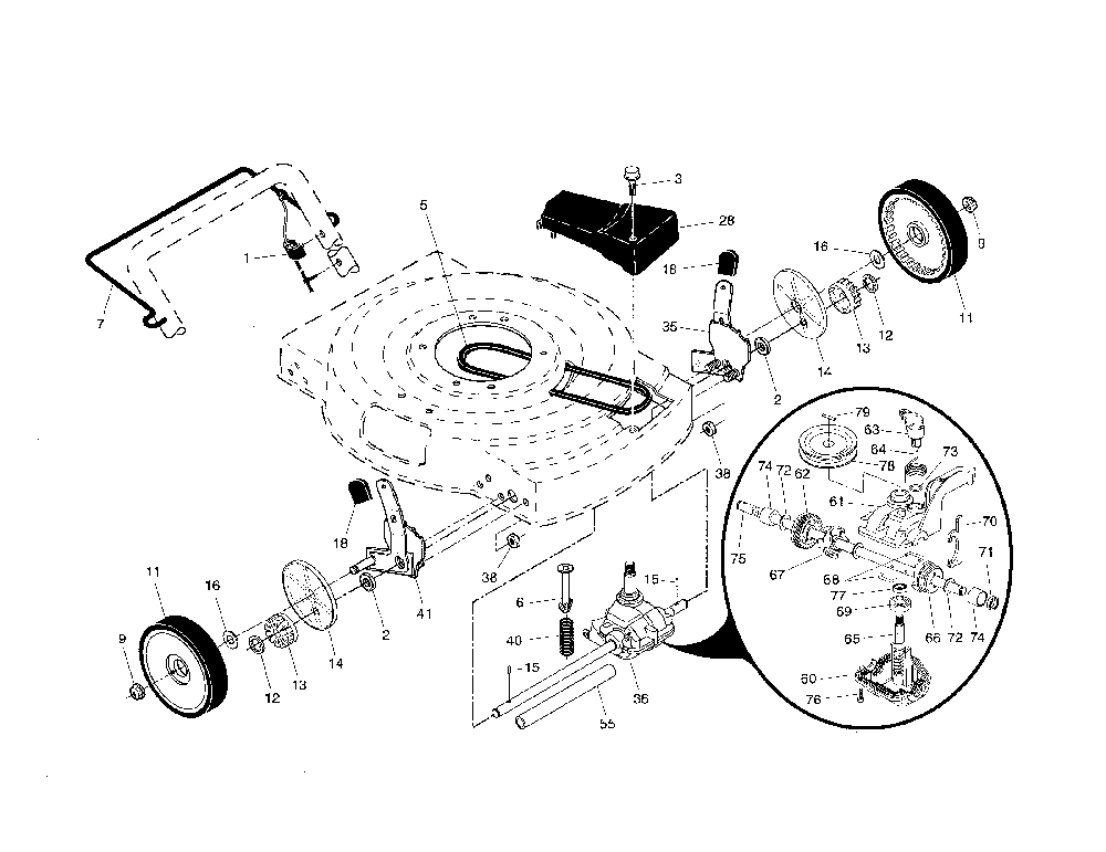 Drive control/gear case/wheels Diagram and Parts List for  Poulan Lawn Mower