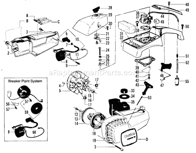 Page F Diagram and Parts List for MICRO XXV Poulan Chainsaw