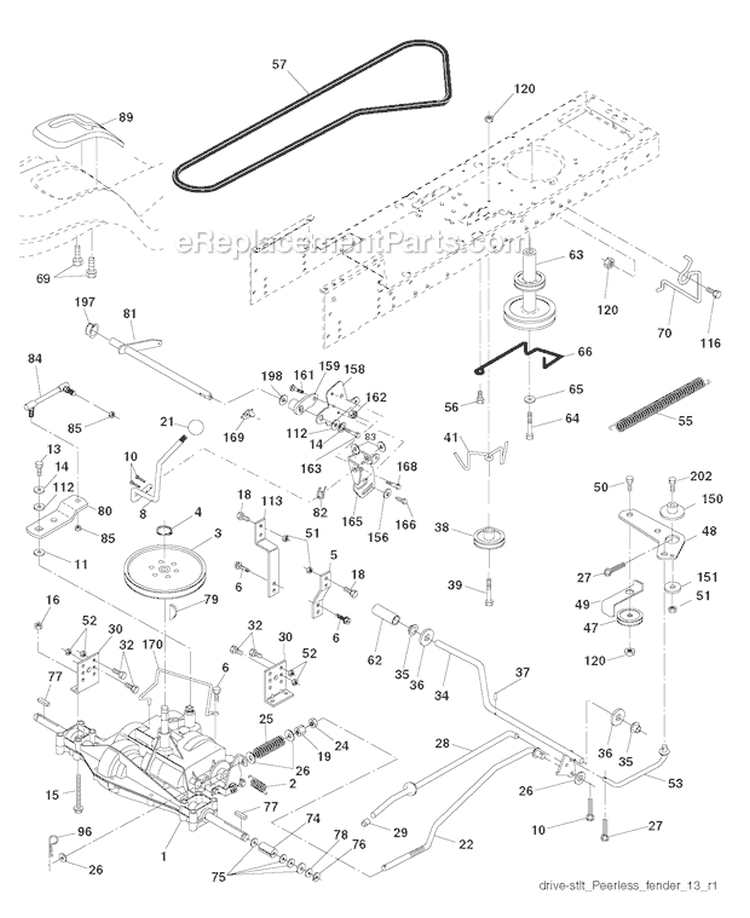 Drive Diagram and Parts List for 96018000501 Poulan Lawn Tractor
