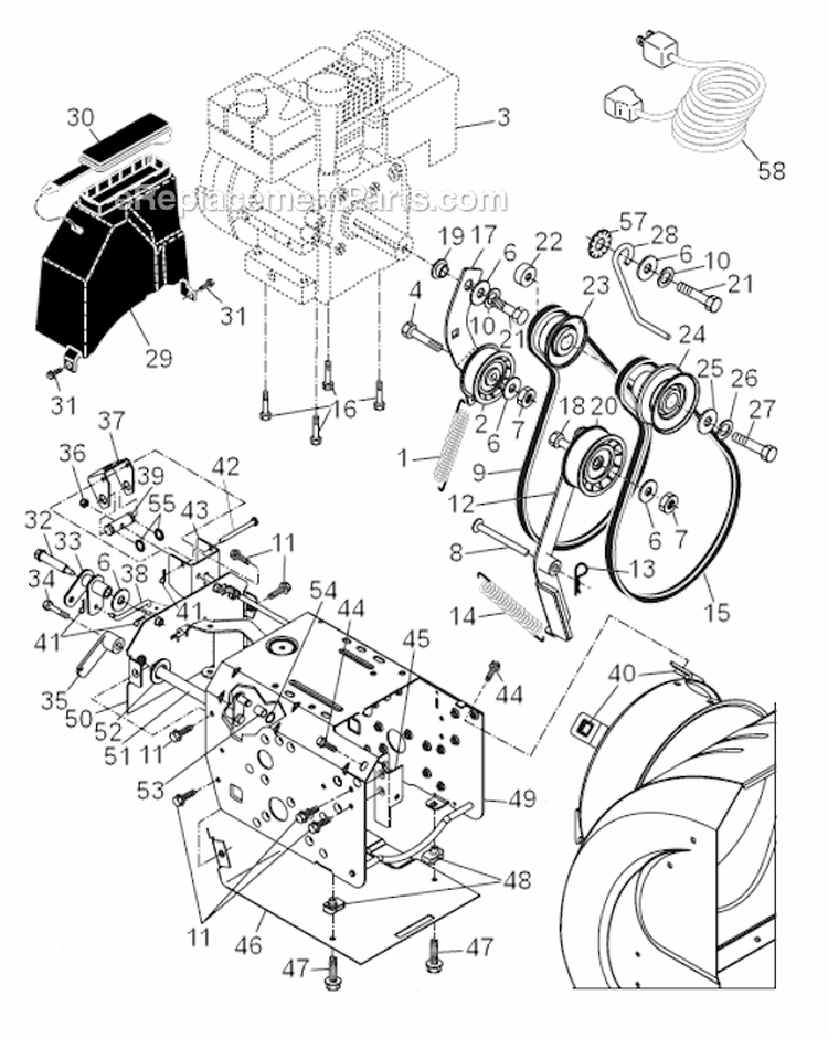 Chassis  Engine  Pulleys Diagram and Parts List for  Poulan Snow Blower