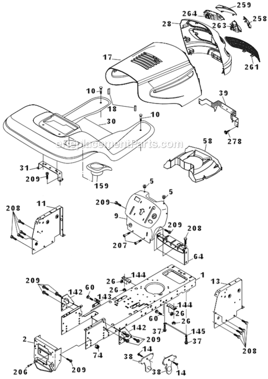 Chassis Diagram and Parts List for XP24H42LT 96012004200 Poulan Lawn Tractor