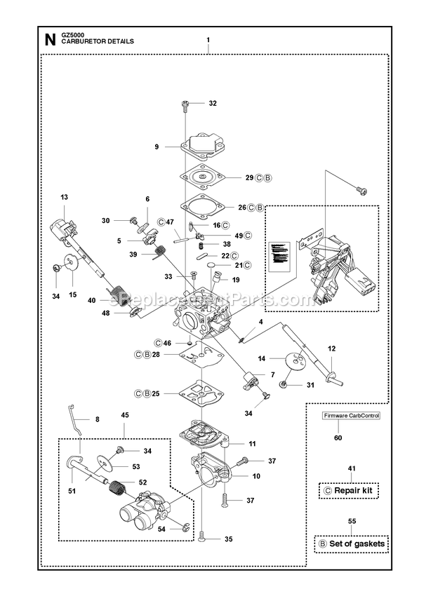 Carburetor Details Diagram and Parts List for  RedMax Chainsaw