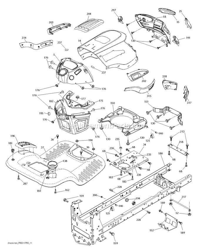 Chassis / Frame Diagram and Parts List for (96041044800)(2019-09) RedMax Lawn Tractor