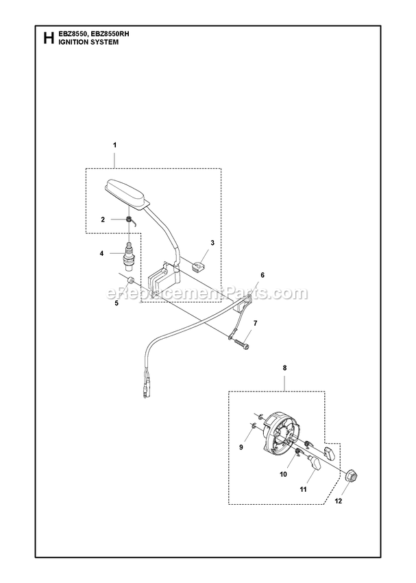 Ignition System Diagram and Parts List for EBZ8550RH RedMax Leaf Blower / Vacuum