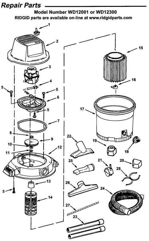 Wd12300, Wd12001 Vac Assembly Diagram and Parts List for  Ridgid Industrial Fan / Circulator