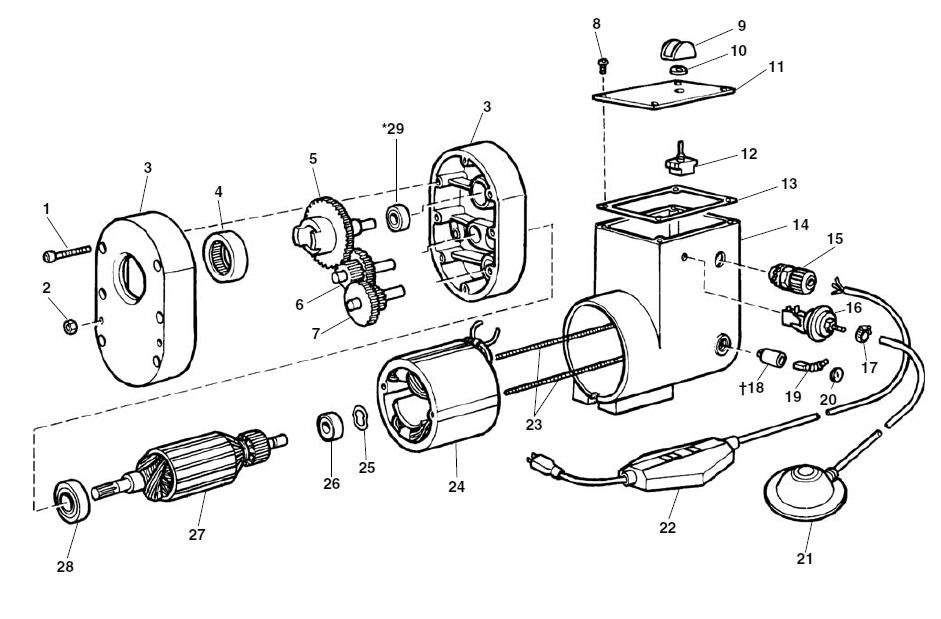 Motor And Gearbox Components Diagram and Parts List for 63827 Ridgid Drain Cleaner