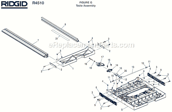 Page G Diagram and Parts List for  Ridgid Table Saw