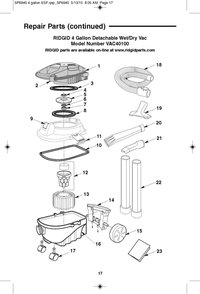 Vac4010 Vac Assembly Diagram and Parts List for  Ridgid Industrial Fan / Circulator