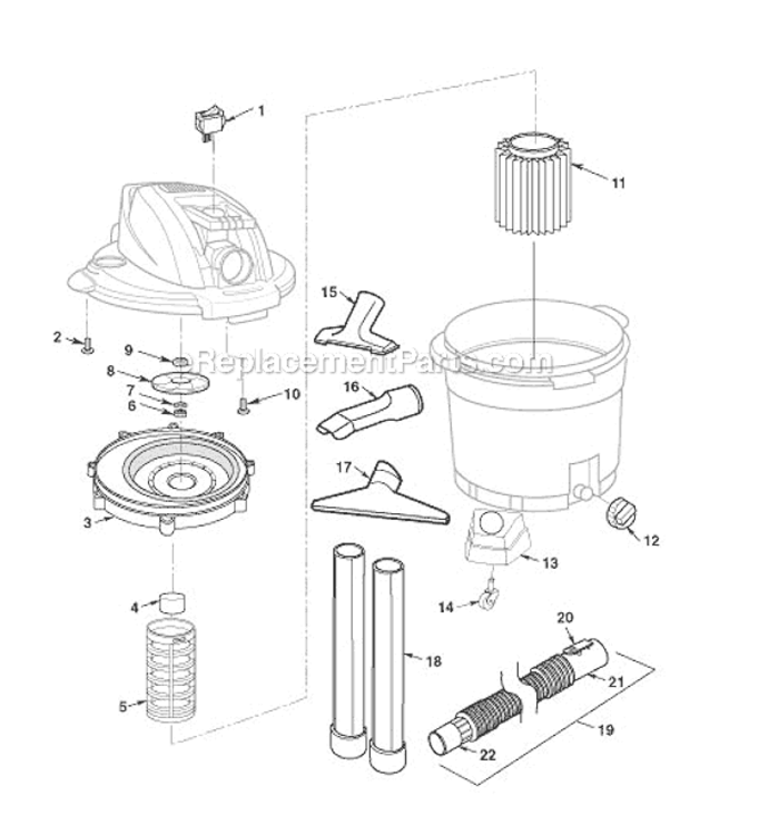 General Assembly Diagram and Parts List for  Ridgid Utility Vacuum